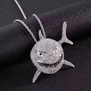 Silver tone Iced out big shark pendant 3A CZ Hip hop rapper jewelry w/chain